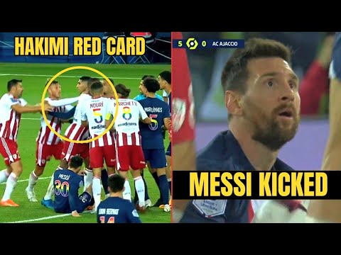 Messi Kicked By Ajaccio Players During Fight | Hakimi Red Card | PSG vs Ajaccio 5-0 | PSG Fans Messi